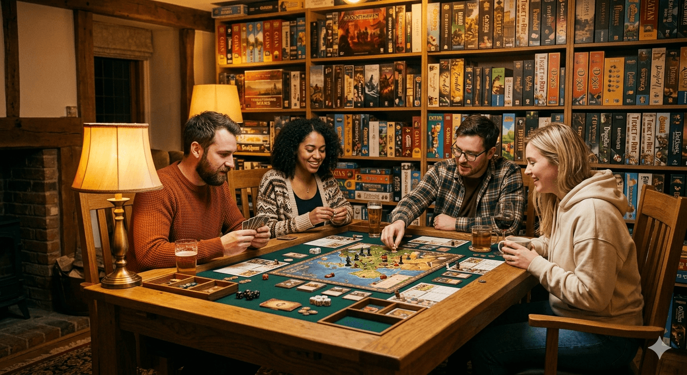 Уютный вечер за настольными играми при свечах в клубе Dice & Meeples